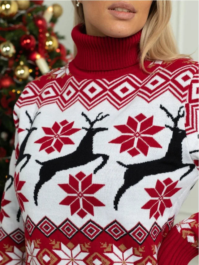 2024 Autumn And Winter Christmas Couple Sweater Casual Elk Jacquard Design Long Sleeve High Collar Loose Pullover Home Clothing