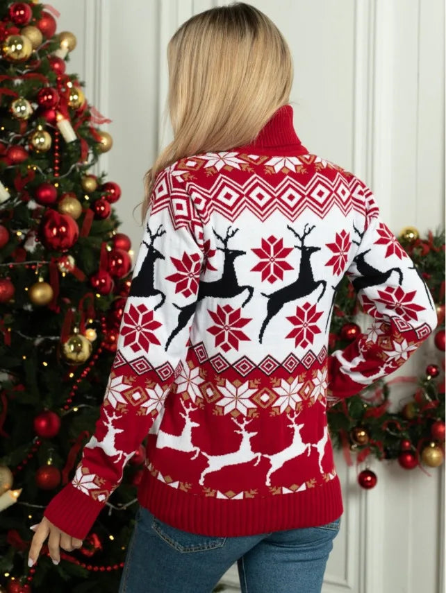 2024 Autumn And Winter Christmas Couple Sweater Casual Elk Jacquard Design Long Sleeve High Collar Loose Pullover Home Clothing